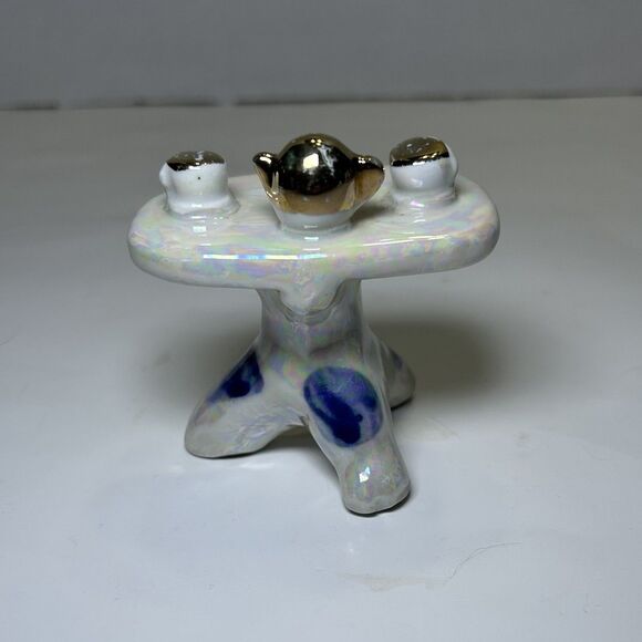 Vintage Victorian/Colonial Iridescent Porcelain Couple Having Tea (3 Pc Set) - Picture 12 of 14